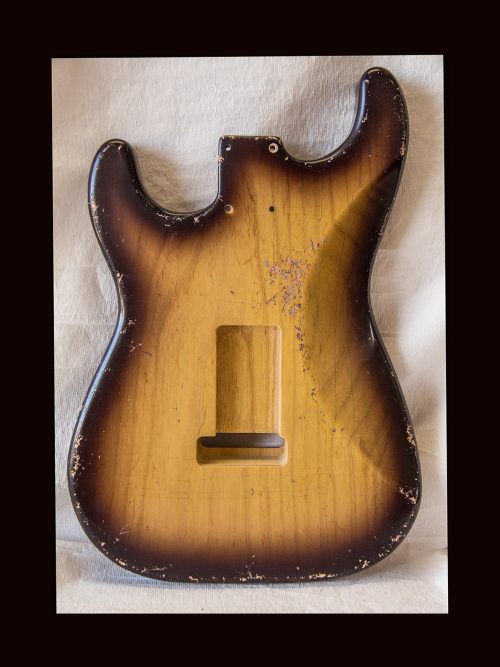 S-Style Body / 1 Piece Ultra Light Swamp Ash / 3 lbs. 5 oz. / Nitrocellulose 'Chocolate-Burst' / Med. Relic (#GIN-3528) - Image 6