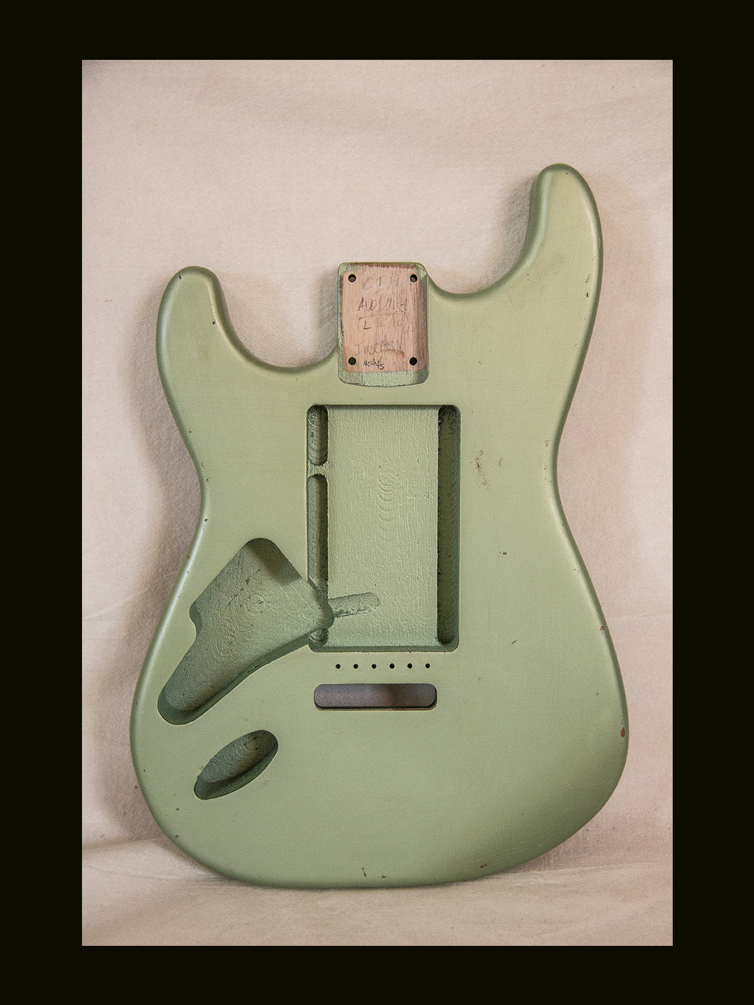 S-Style Body - Left-Handed / Paulownia / 1 lbs. 14 oz. / Nitrocellulose 'Avocado Mist' / Light Relic (#GIN-3738) - Image 2